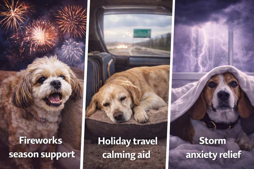 Fireworks season support Holiday travel calming aid Storm anxiety relief
