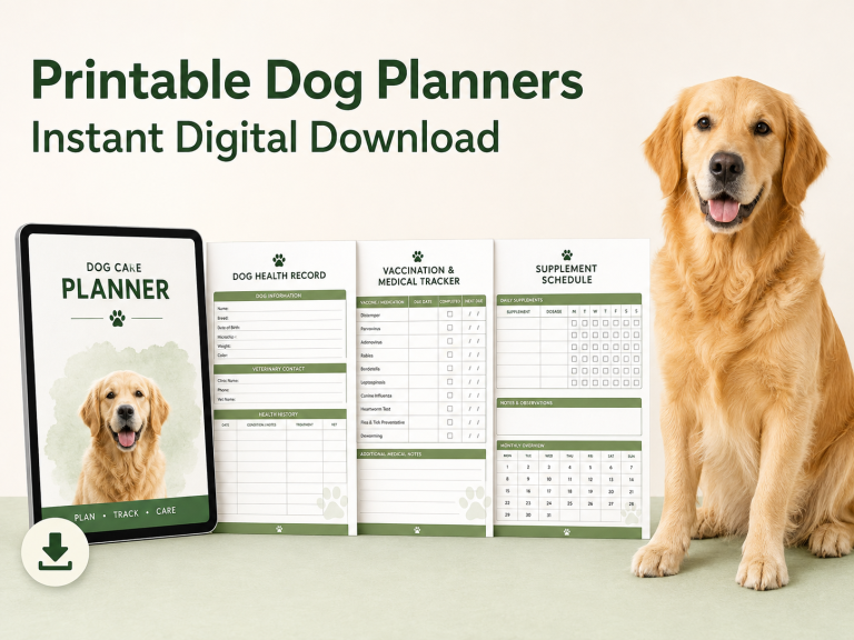 Instant printable PDF planners and trackers for dog owners